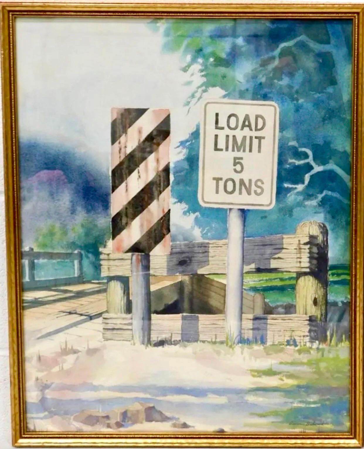 Aquarell-Gemälde, Straßenschild, Load Limit, Aaron Bohrod, WPA-Künstler Chicago im Angebot 1