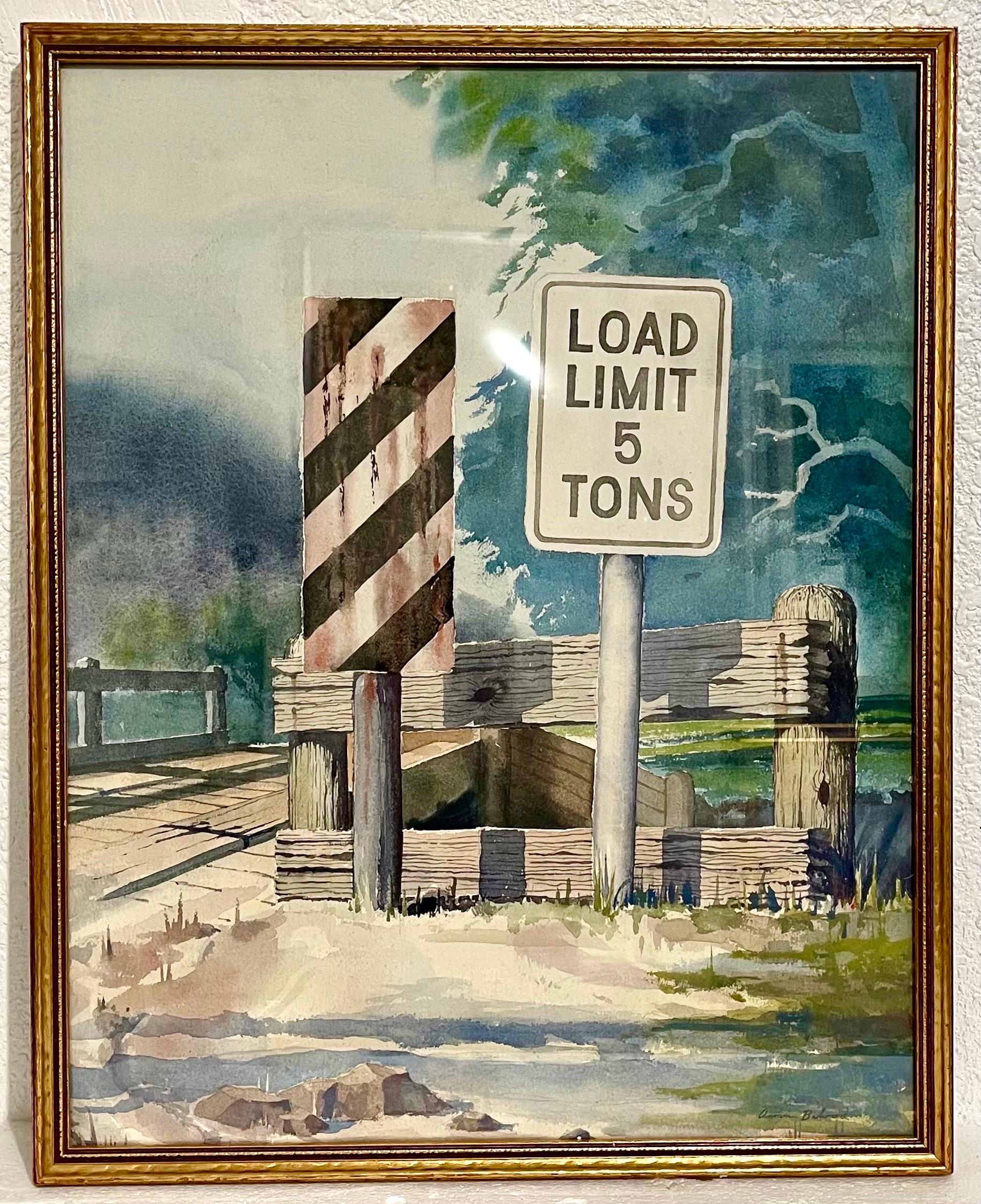 Watercolor Painting Road Signs, Load Limit, Aaron Bohrod WPA Artist Chicago Art For Sale 5