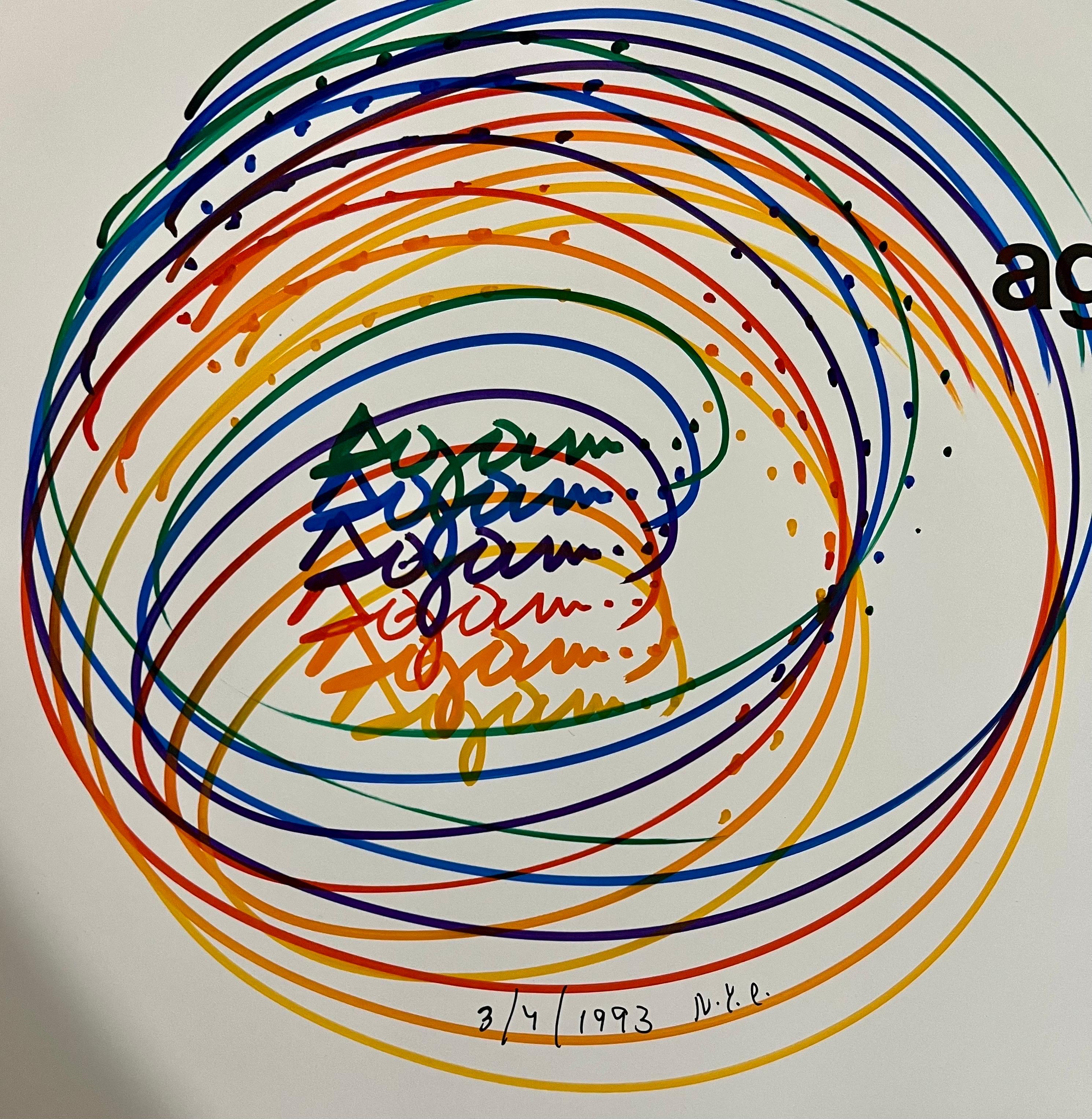 Agam Original Marker Drawing Colorful Spirals Hand Signed Israeli Kinetic Op Art - White Abstract Drawing by Yaacov Agam