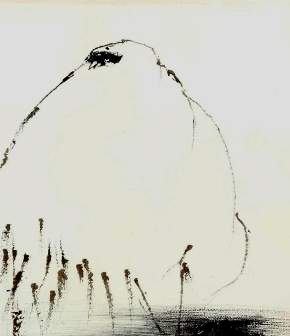 Leonard Baskin - Peinture à l'encre d'illustration - Homme foncé, nu avec oiseau en vente 2