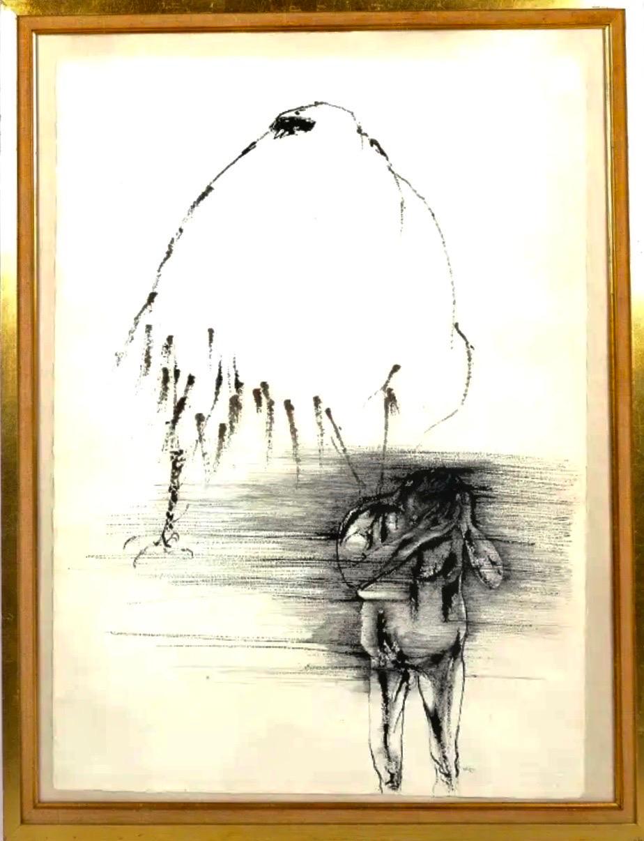 Leonard Baskin, Aquarell-Tinte-Illustration, Gemälde, Dunkel getönter Mann, Akt mit Vogel im Angebot 3