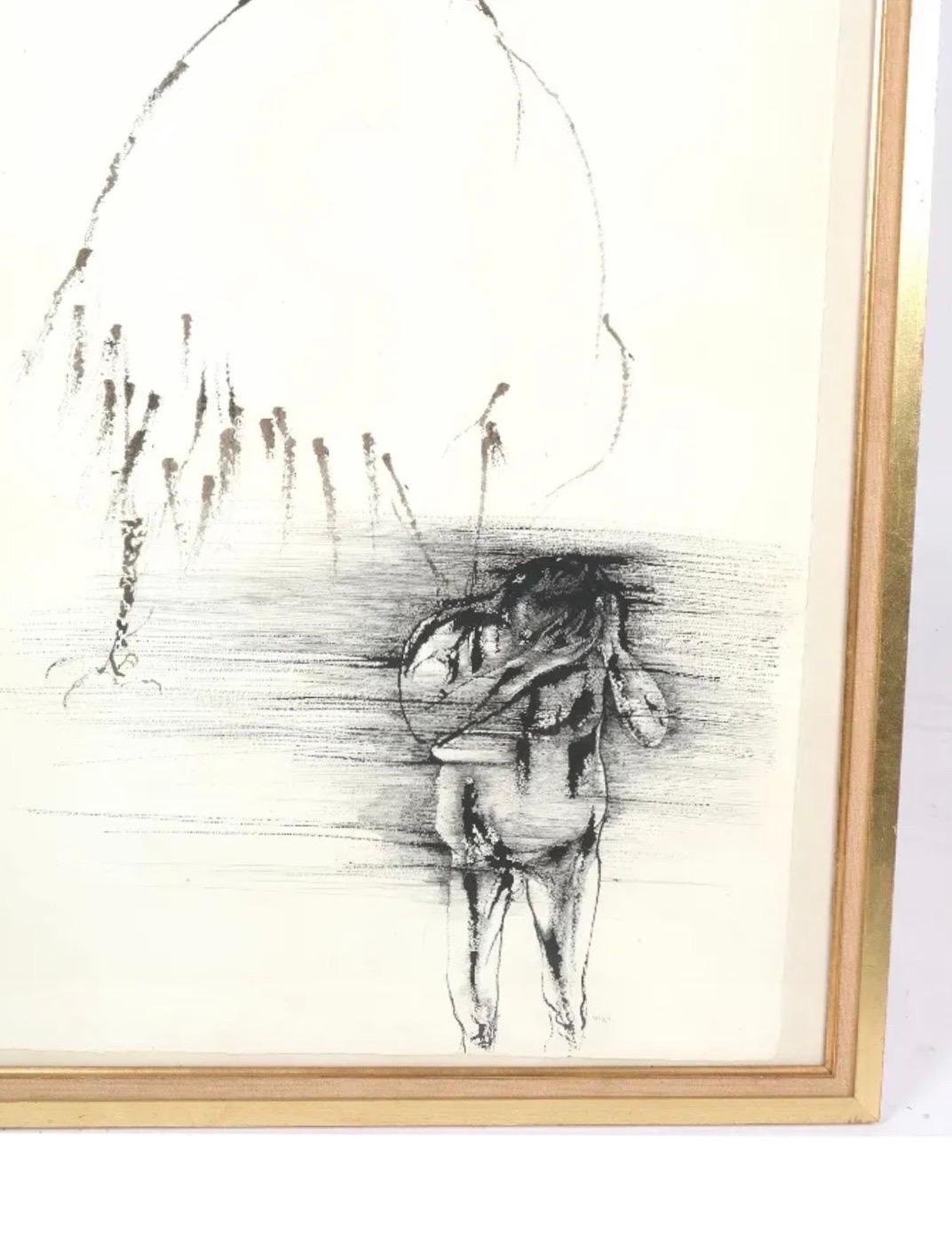 Leonard Baskin - Peinture à l'encre d'illustration - Homme foncé, nu avec oiseau en vente 4
