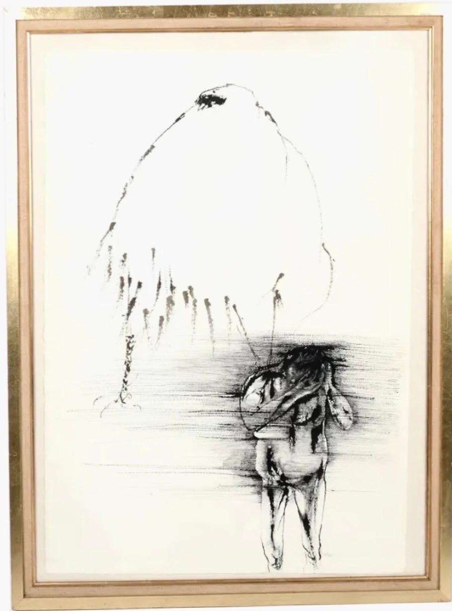 Leonard Baskin Watercolor Ink Illustration Painting Darkened Man, Nude with Bird For Sale 2