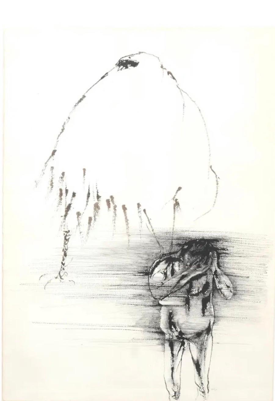 Leonard Baskin, Aquarell-Tinte-Illustration, Gemälde, Dunkel getönter Mann, Akt mit Vogel im Angebot 11