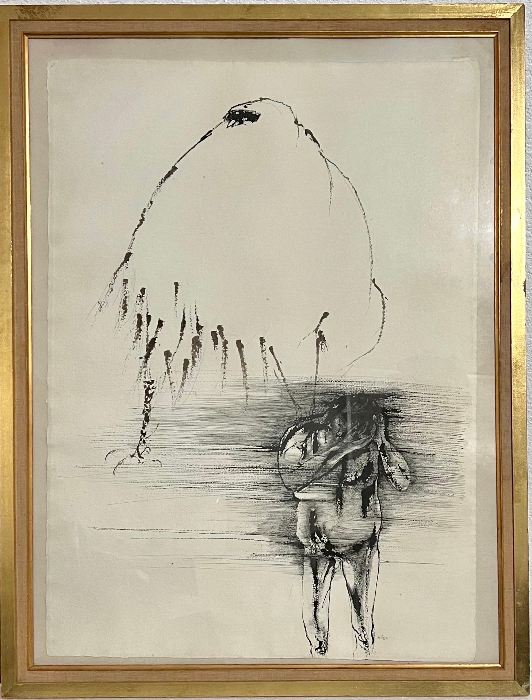 Leonard Baskin, Aquarell-Tinte-Illustration, Gemälde, Dunkel getönter Mann, Akt mit Vogel im Angebot 12