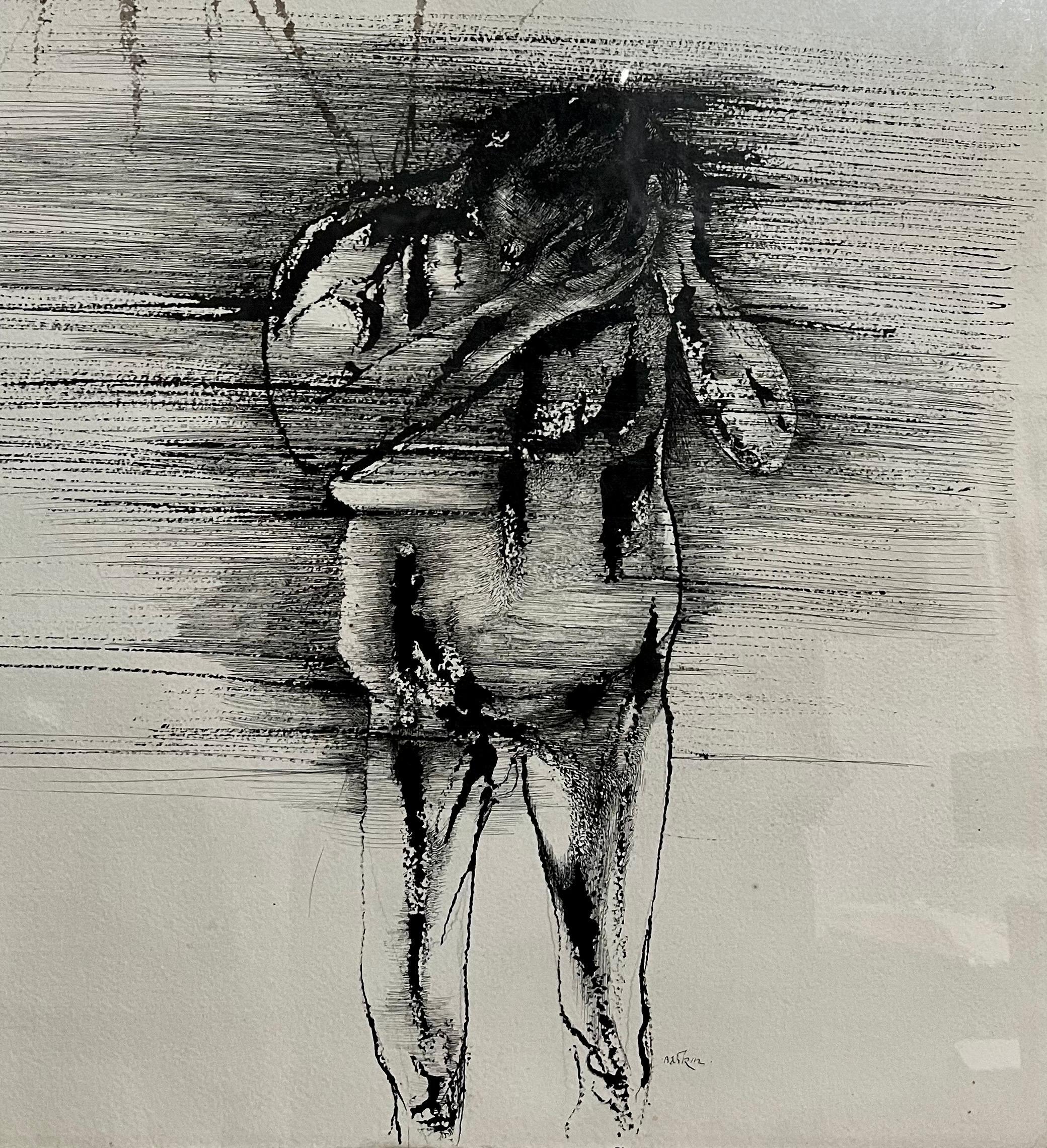 Leonard Baskin Watercolor Ink Illustration Painting Darkened Man, Nude with Bird For Sale 3