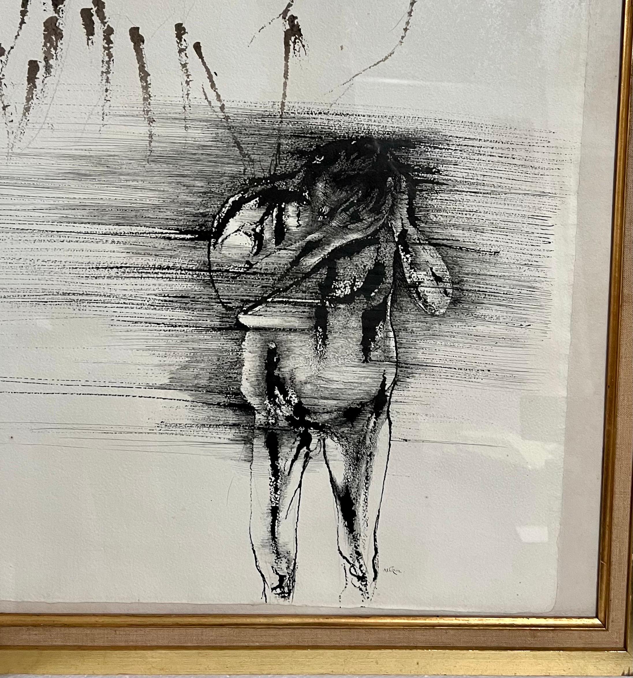 Leonard Baskin - Peinture à l'encre d'illustration - Homme foncé, nu avec oiseau en vente 1