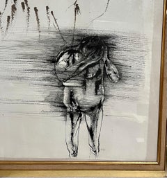 Leonard Baskin Watercolor Ink Illustration Painting Darkened Man, Nude with Bird
