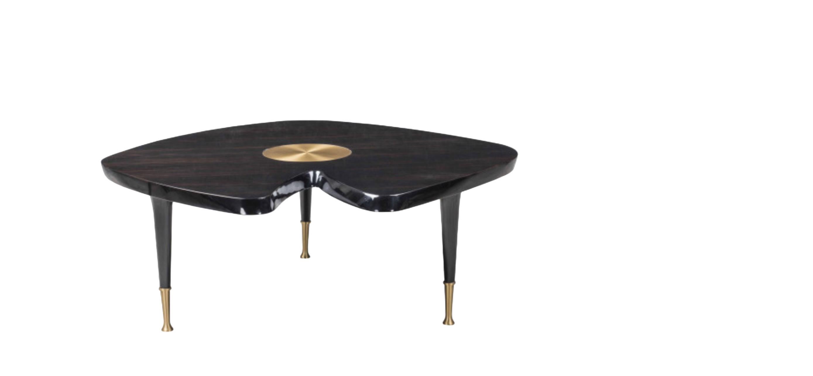 Pair of Fendi Casa Fleurette Coffee Nesting Tables, 
Bronze finish, Lacquer,
by Thierry Lemaire, each marked Fendi, Lacquered.
Metallic brass details fit inside the top in new Palissandro Dark as well as inside the tips of the conical legs, giving