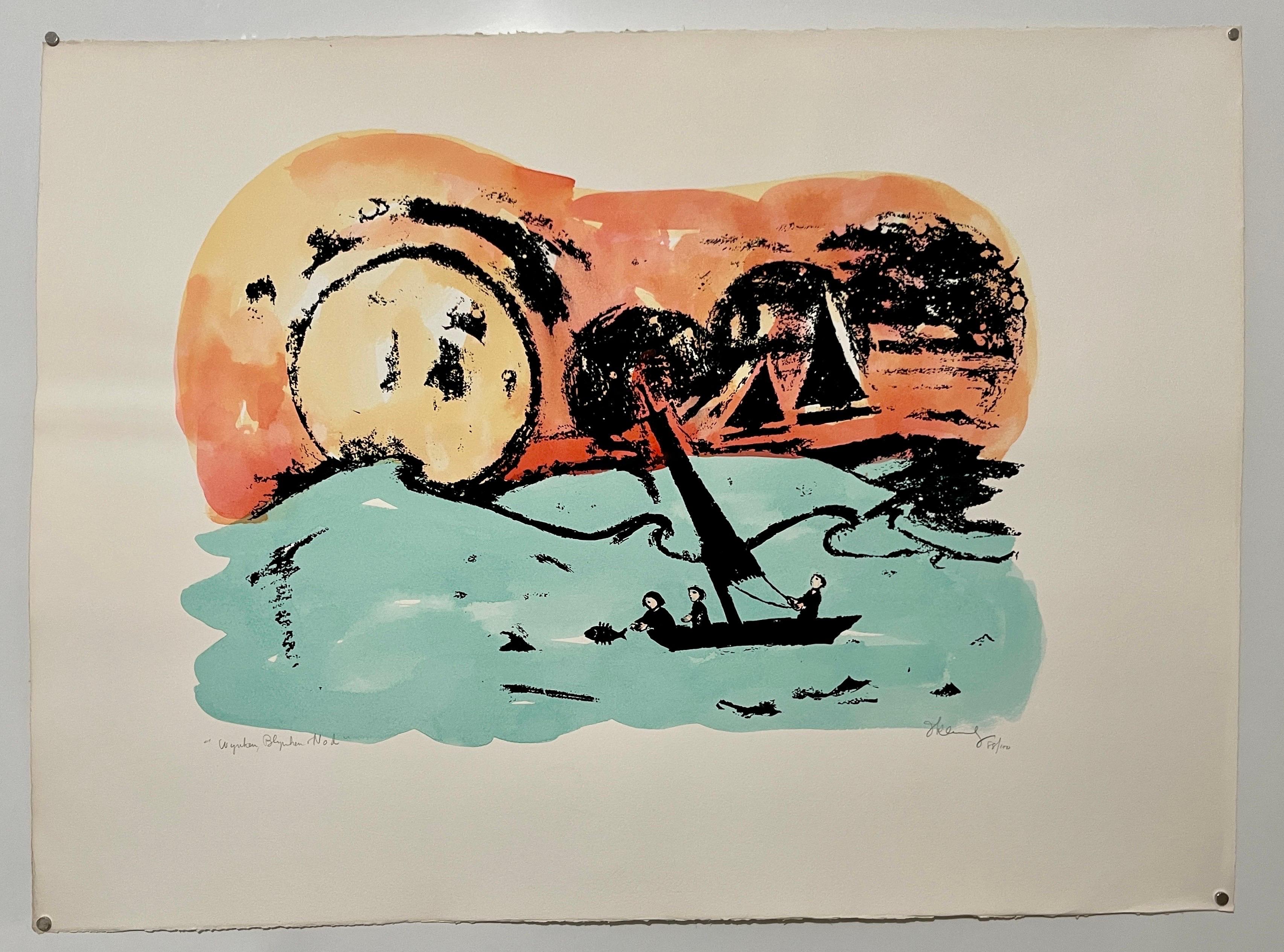 Mid-Century Watercolor Painting Over Lithograph WPA Artist NYC Frank Kleinholz For Sale 3