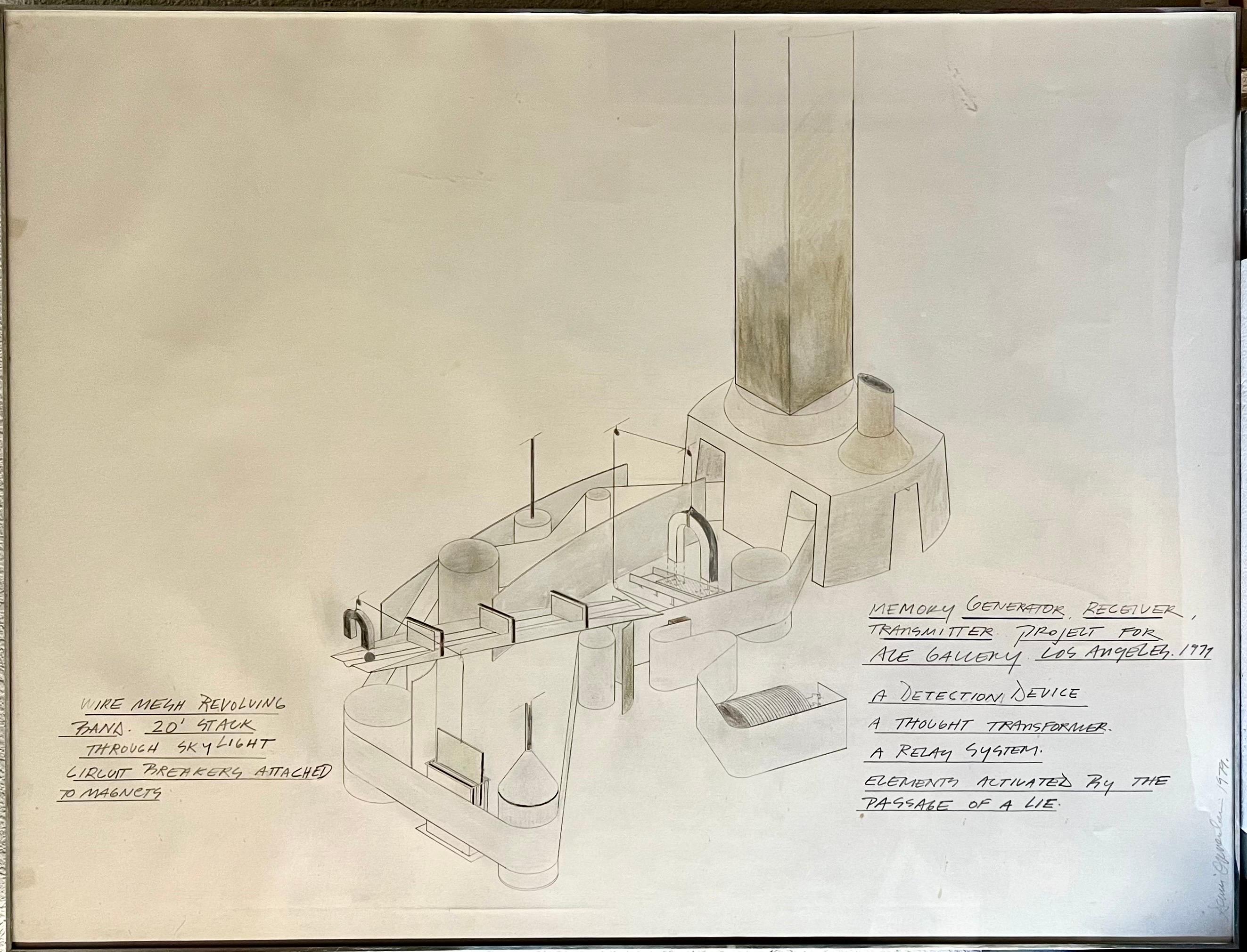 Dennis Oppenheim (1938 - 2011)
Bleistift- und Farbstiftzeichnung auf Papier, 
'Memory Generator Receiver; Transmitter Projekt für die ACE Gallery Los Angeles'.
(eventuell mit Aquarellfarben oder Pigmenten auf Papier gemalt)
Datum: 1979
Signiert: