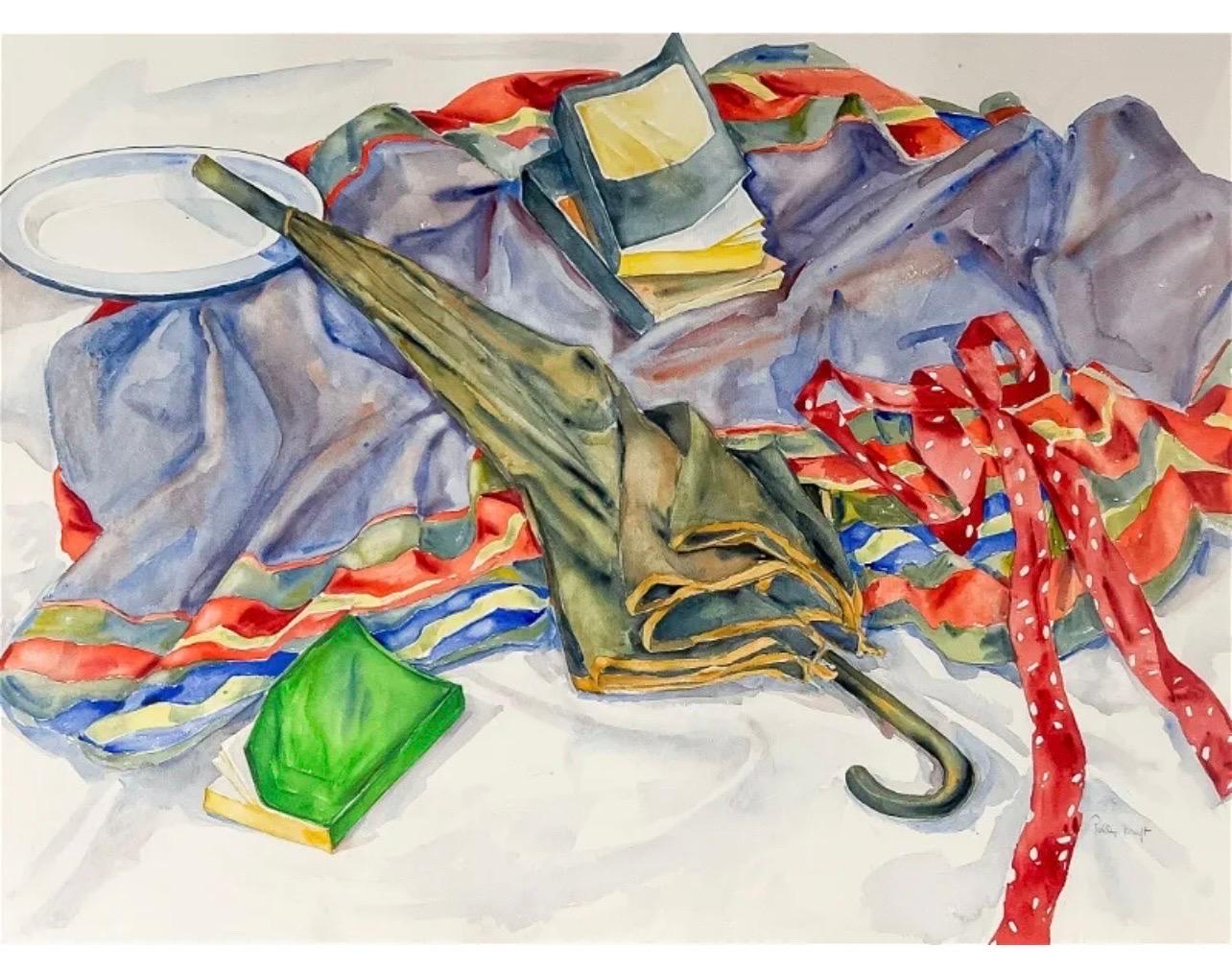 Polly Kraft
American (1928-2017)
Umbrella Still Life (1984)
watercolor on paper
signed lower right
29 1/2 x 41 1/2 inches
frame dimensions: 33 x 45 1/4 x 1 1/2 inches, wood frame with acrylic glazing

Provenance: East Hampton Collection 
Fischbach
