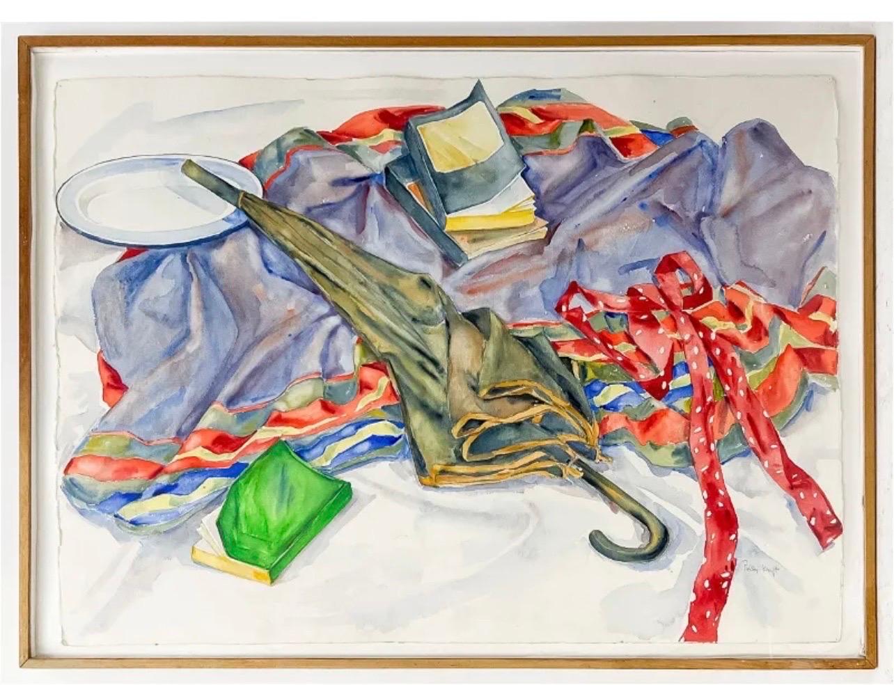 Polly Kraft
Américain (1928-2017)
Nature morte au parapluie (1984)
aquarelle sur papier
signé en en bas à droite
29 1/2 x 41 1/2 pouces
dimensions du cadre : 33 x 45 1/4 x 1 1/2 pouces, cadre en bois avec vitrage acrylique

Provenance : Collection'S