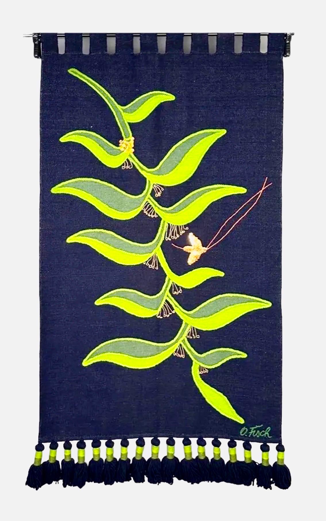 Olga Fisch ( American 1901-1990) 
Hummingbird and Pendant Flower, hand woven and stitched wool and sequins, signed lower right.
Dimensions: 58 x 32 in.

Olga Fisch was born in Hungary, studied in Germany and lived in Morocco and Ethiopia before