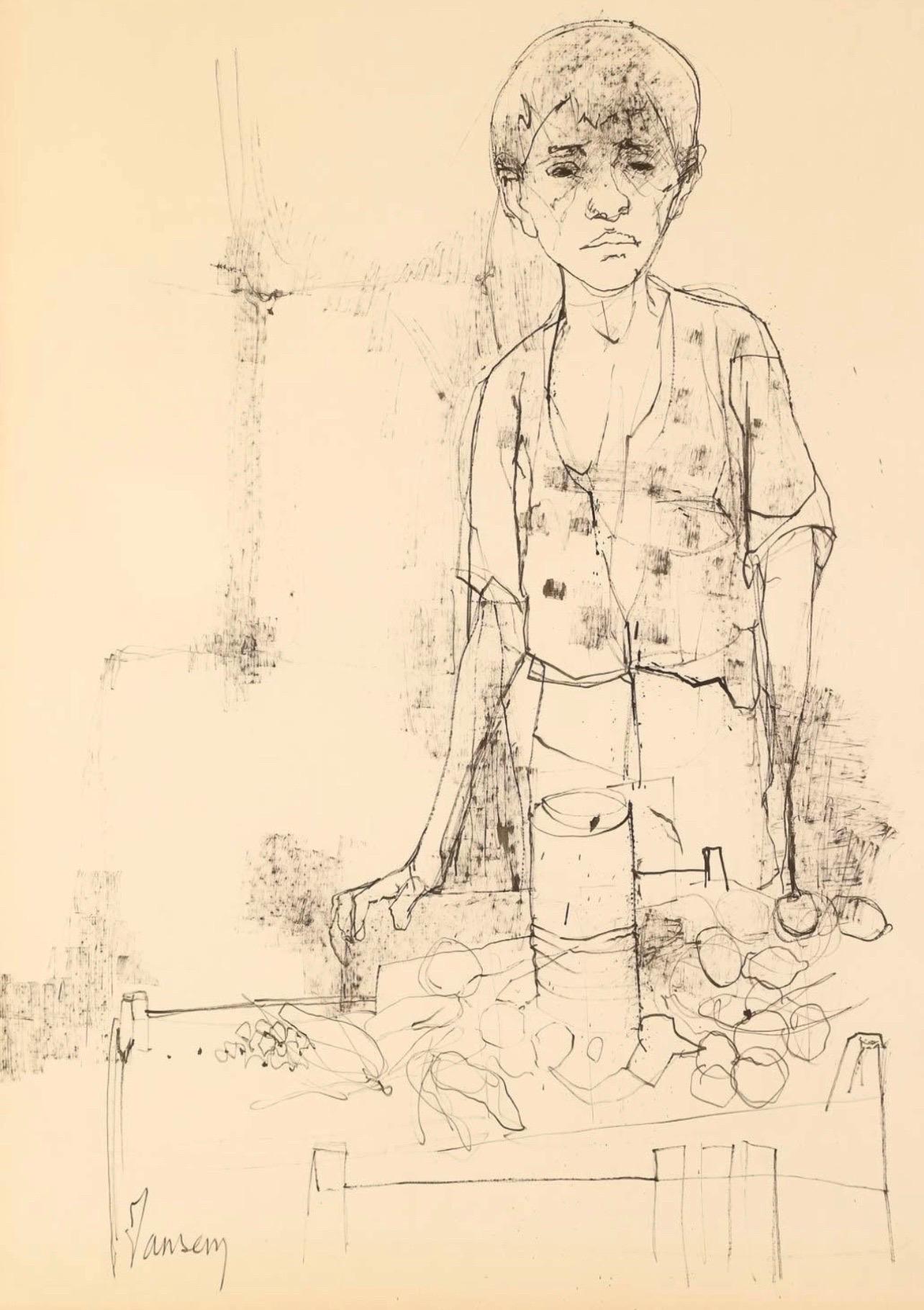 Große Zeichnung eines Jungen des französischen armenischen Modernisten Jean Jansem Ecole De Paris Art im Angebot 3