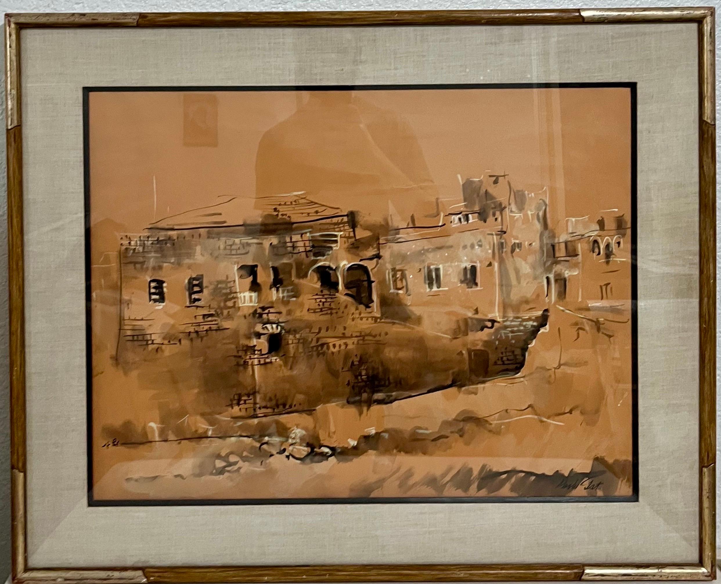 Grande dipinto israeliano ad acquerello e guazzo Paesaggio di Gerusalemme Moshe Gat in vendita 1
