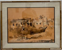 Large Israeli Watercolor Gouache Painting Jerusalem Landscape Moshe Gat