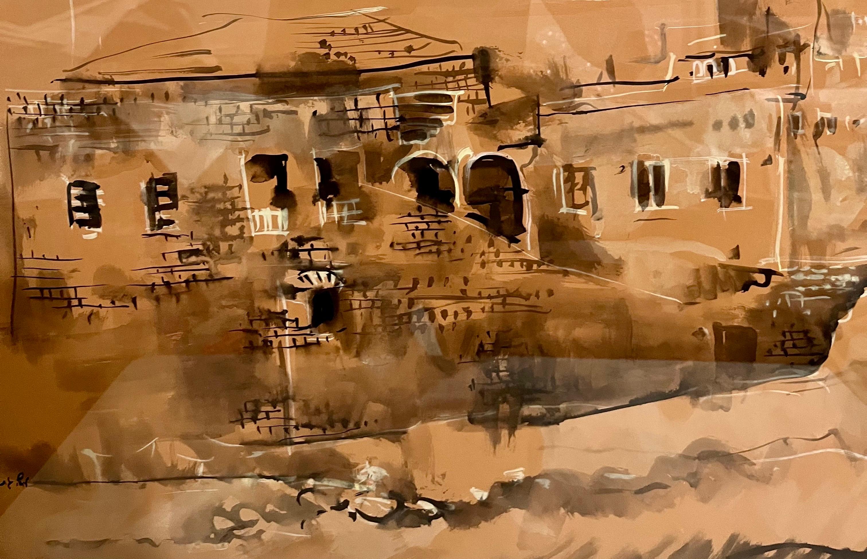 Grande peinture israélienne à la gouache de Moshe Gat, paysage de Jérusalem 