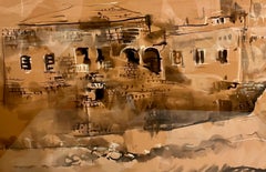 Vintage Large Israeli Watercolor Gouache Painting Jerusalem Landscape Moshe Gat 