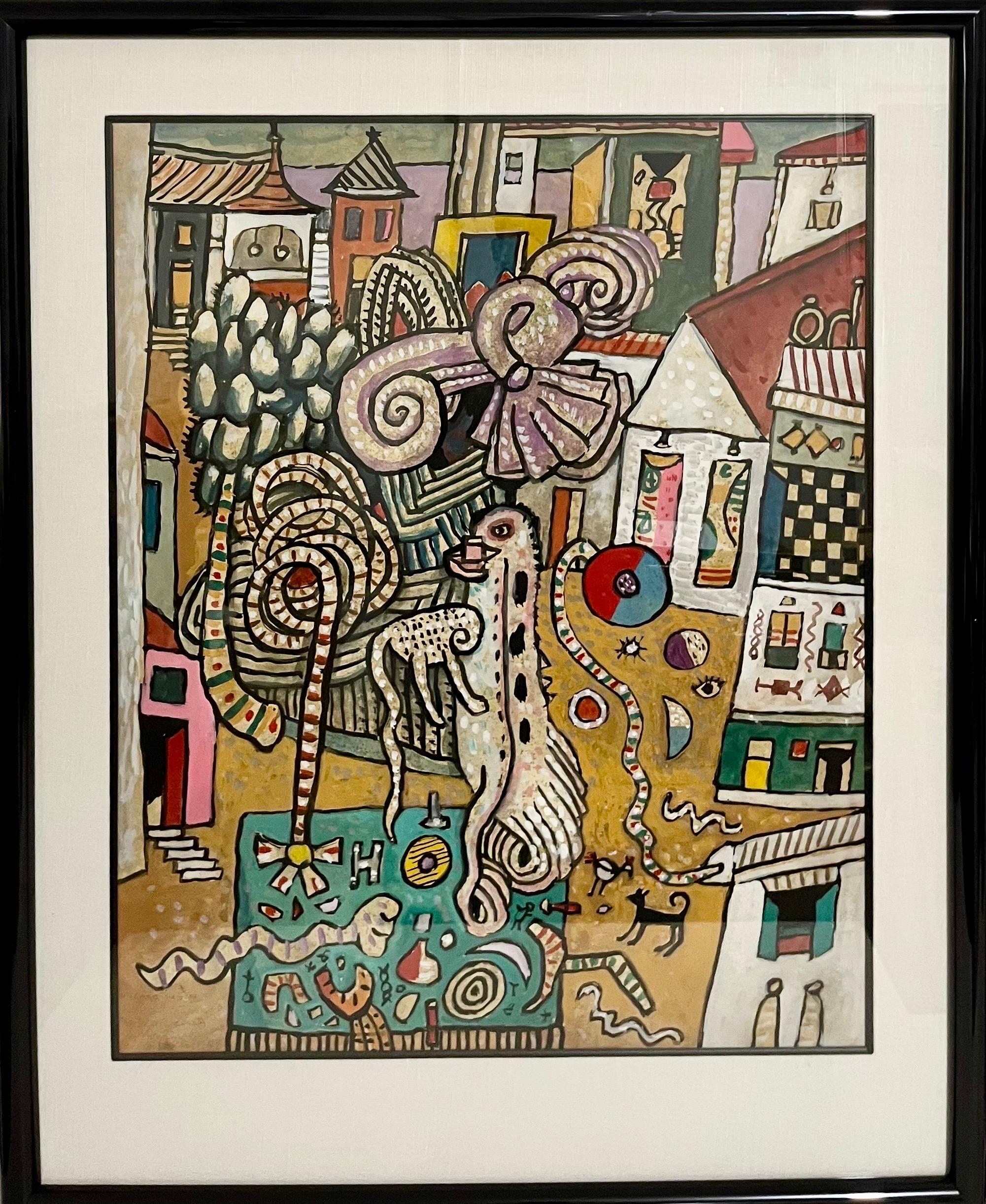 Alan Davie, Schottland (1920-2014). 
Gouache-Malerei mit Aquarellfarben
Mythos Dorf 
Handsigniert (