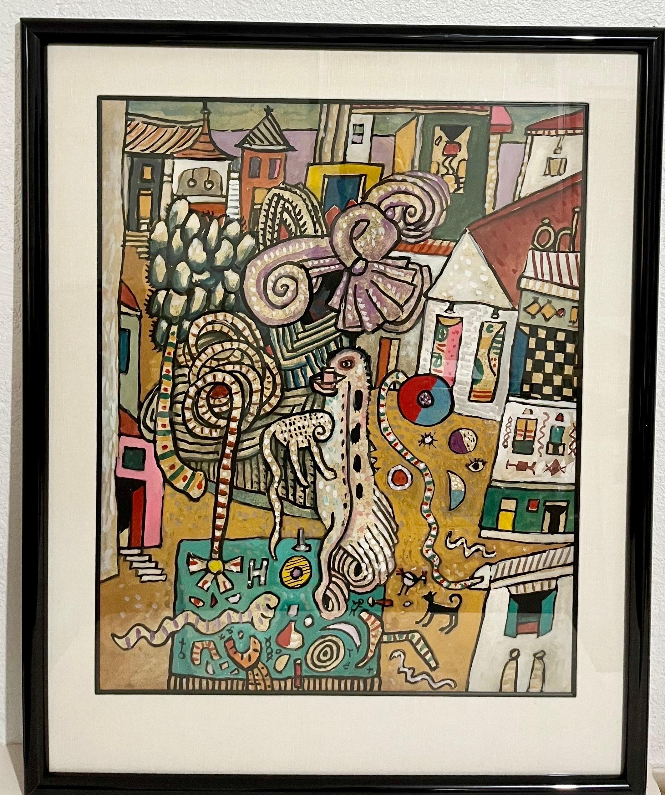 Leuchtend lebhaftes schottisches farbenfrohes, surrealistisches, britisches Pop-Art- Village-Gemälde von Alan Davie im Angebot 1