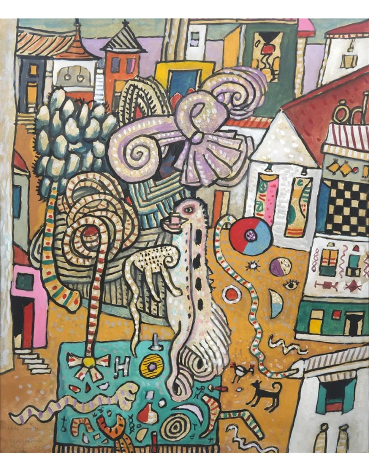 Leuchtend lebhaftes schottisches farbenfrohes, surrealistisches, britisches Pop-Art- Village-Gemälde von Alan Davie im Angebot 10