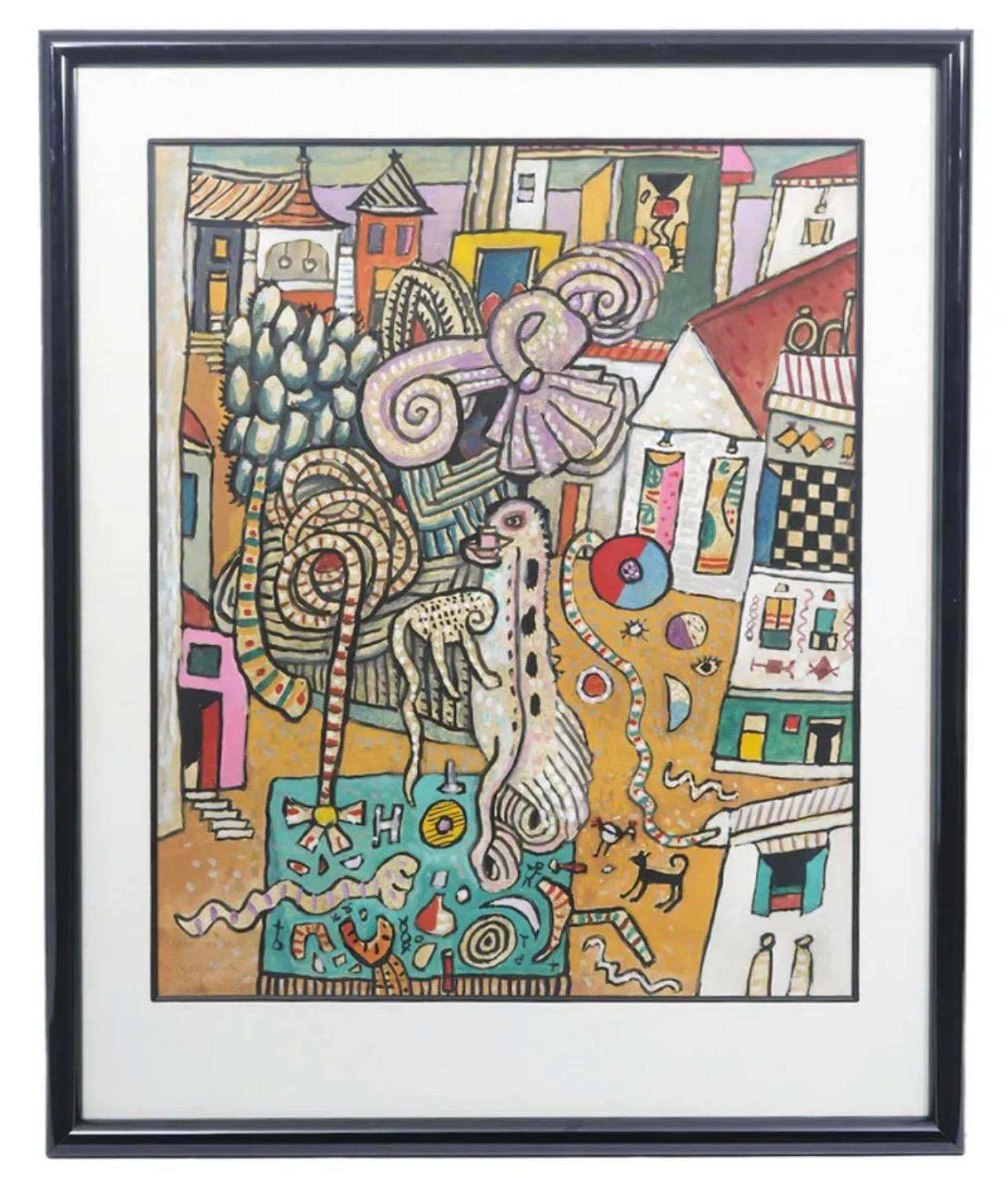 Leuchtend lebhaftes schottisches farbenfrohes, surrealistisches, britisches Pop-Art- Village-Gemälde von Alan Davie im Angebot 11