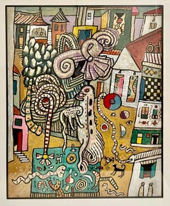 Vintage Vibrant Alan Davie Scottish Colorful Surrealist British Pop Art Village Painting