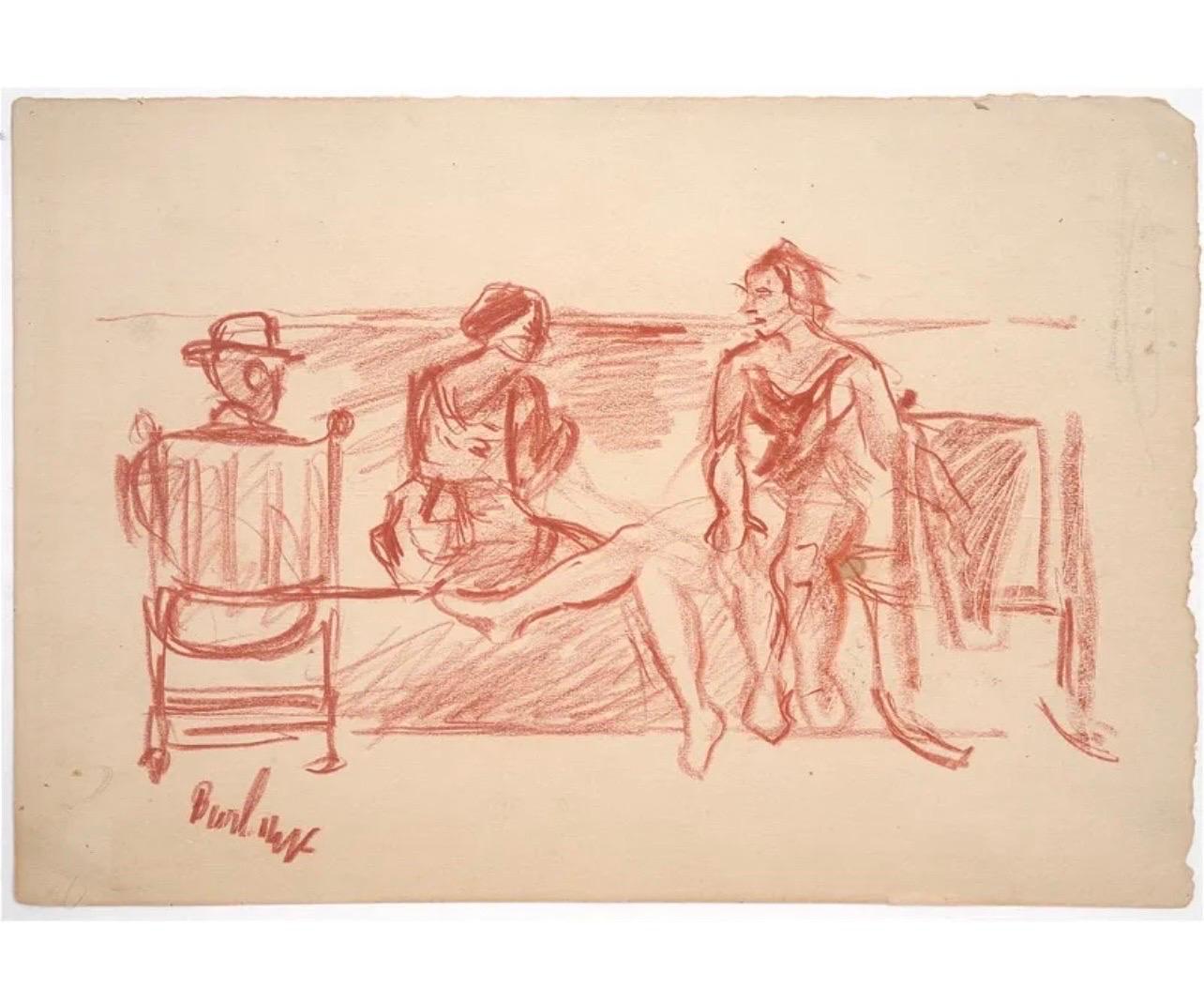 Modernist Conte Crayon Drawing Beach Scene David Burliuk Russian Futurist 