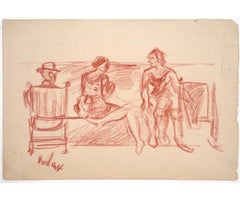 Retro Modernist Conte Crayon Drawing Beach Scene David Burliuk Russian Futurist 