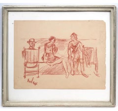 Modernist Conte Crayon Drawing Beach Scene David Burliuk Russian Futurist