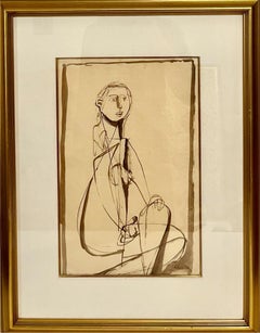 Vintage Modernist Ink and Wash Drawing, Painting Jankel Adler Woman Model Ecole De Paris