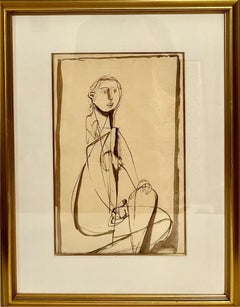 Dibujo Modernista Tinta y Aguada, Pintura Jankel Adler Mujer Modelo Ecole De Paris