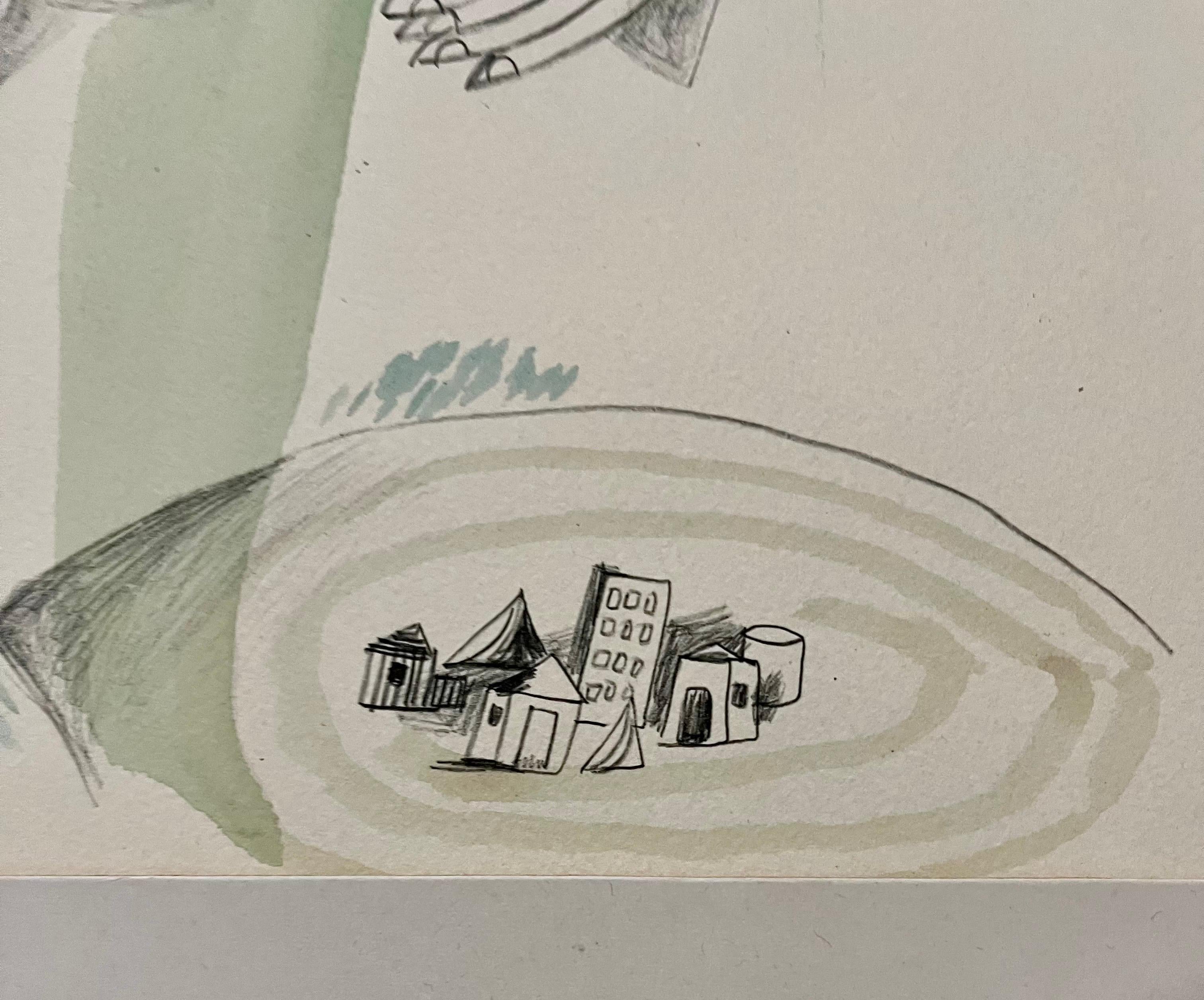 Rare Israeli Modernist Judaica Watercolor Painting on Lithograph Naftali Bezem For Sale 2