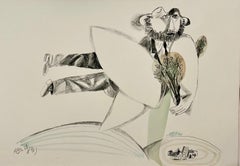 Rara pintura judaica modernista israelí en acuarela sobre litografía Naftali Bezem