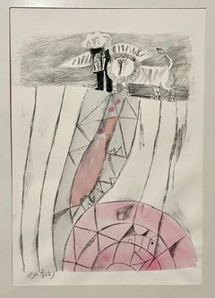 Rare Israeli Modernist Judaica Watercolor Painting on Lithograph Naftali Bezem