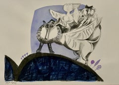 Rara pintura judaica modernista israelí en acuarela sobre litografía Naftali Bezem