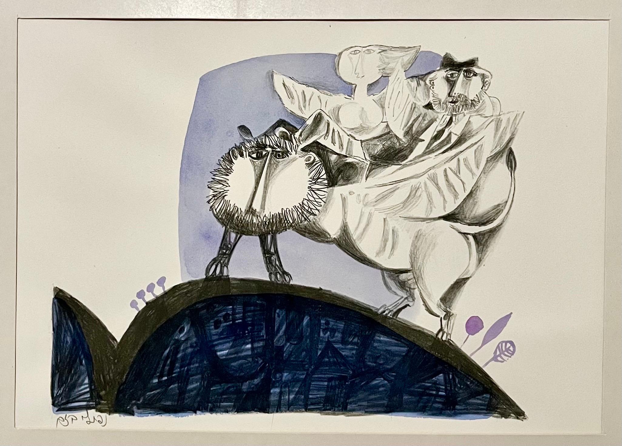 Rare aquarelle juive moderniste israélienne sur lithographie Naftali Bezem en vente 1