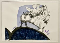 Seltenes israelisches modernistisches Judaica Aquarell auf Lithographie Naftali Bezem