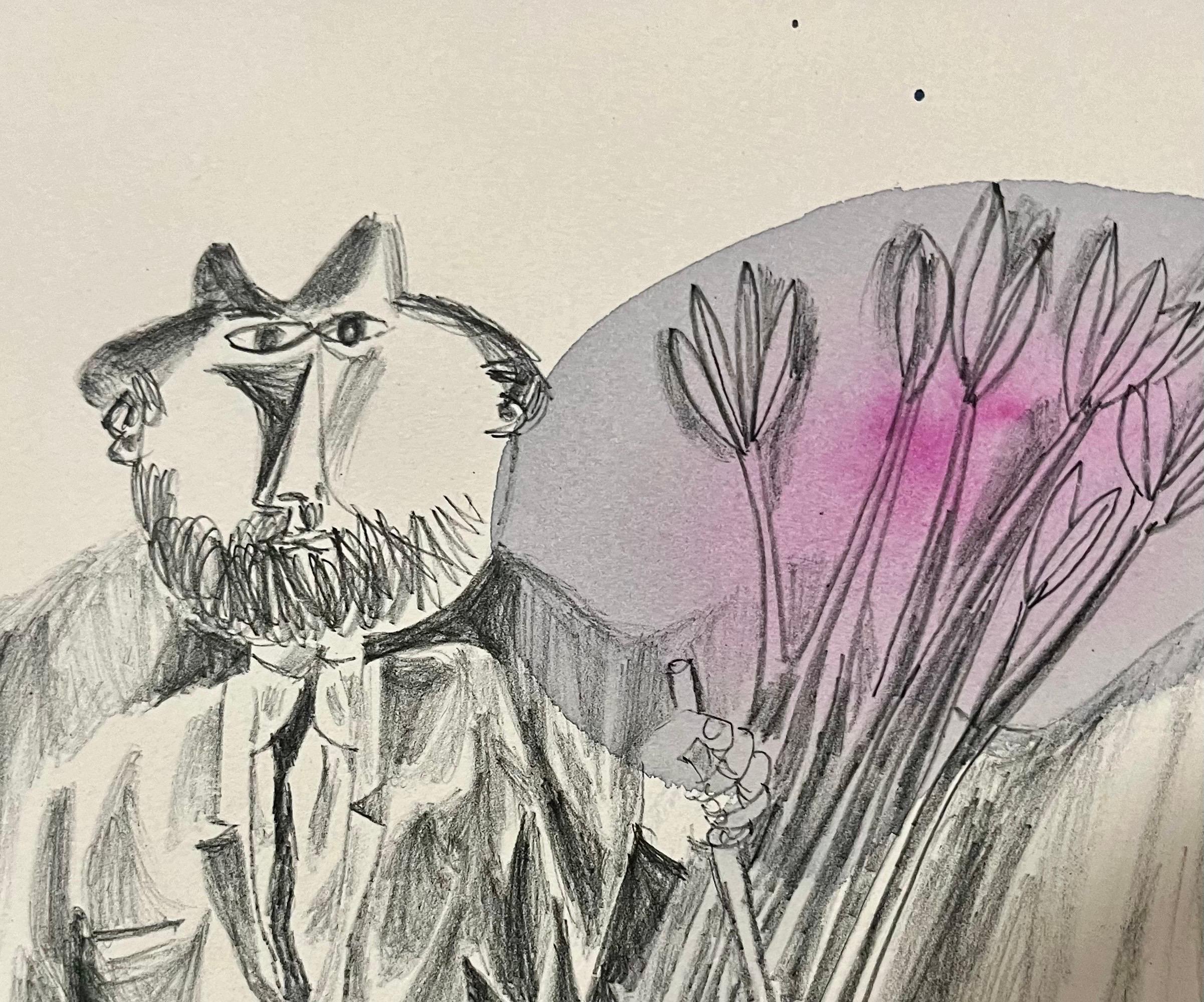 Rare Israeli Modernist Judaica Watercolor Painting on Lithograph Naftali Bezem For Sale 2