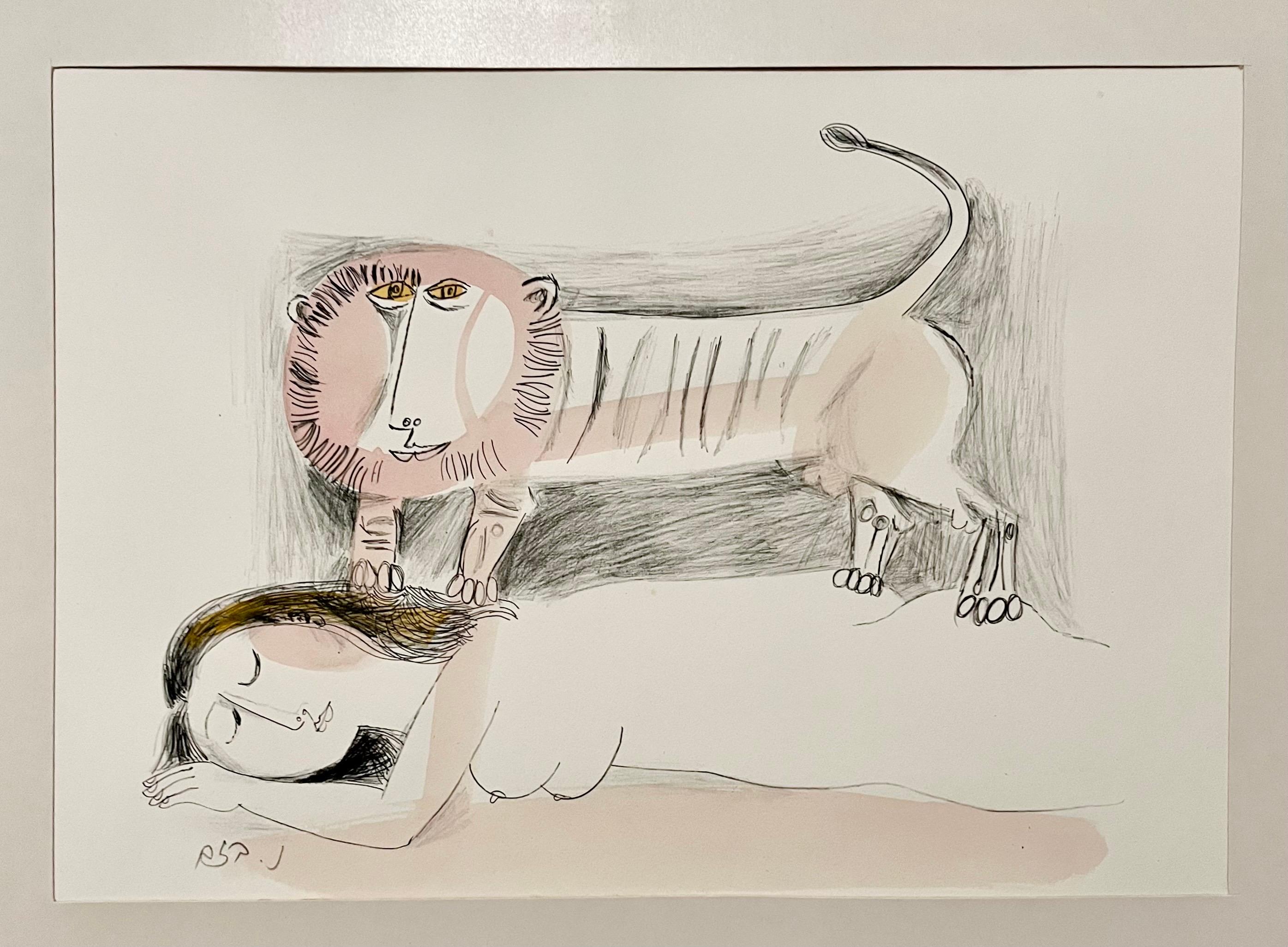 Rare Israeli Modernist Judaica Watercolor Painting Lion Lithograph Naftali Bezem For Sale 1