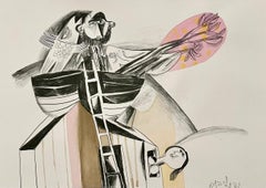 Rara pintura judaica modernista israelí en acuarela sobre litografía Naftali Bezem