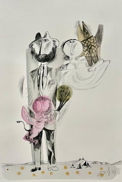Rare Israeli Modernist Judaica Watercolor Painting on Lithograph Naftali Bezem