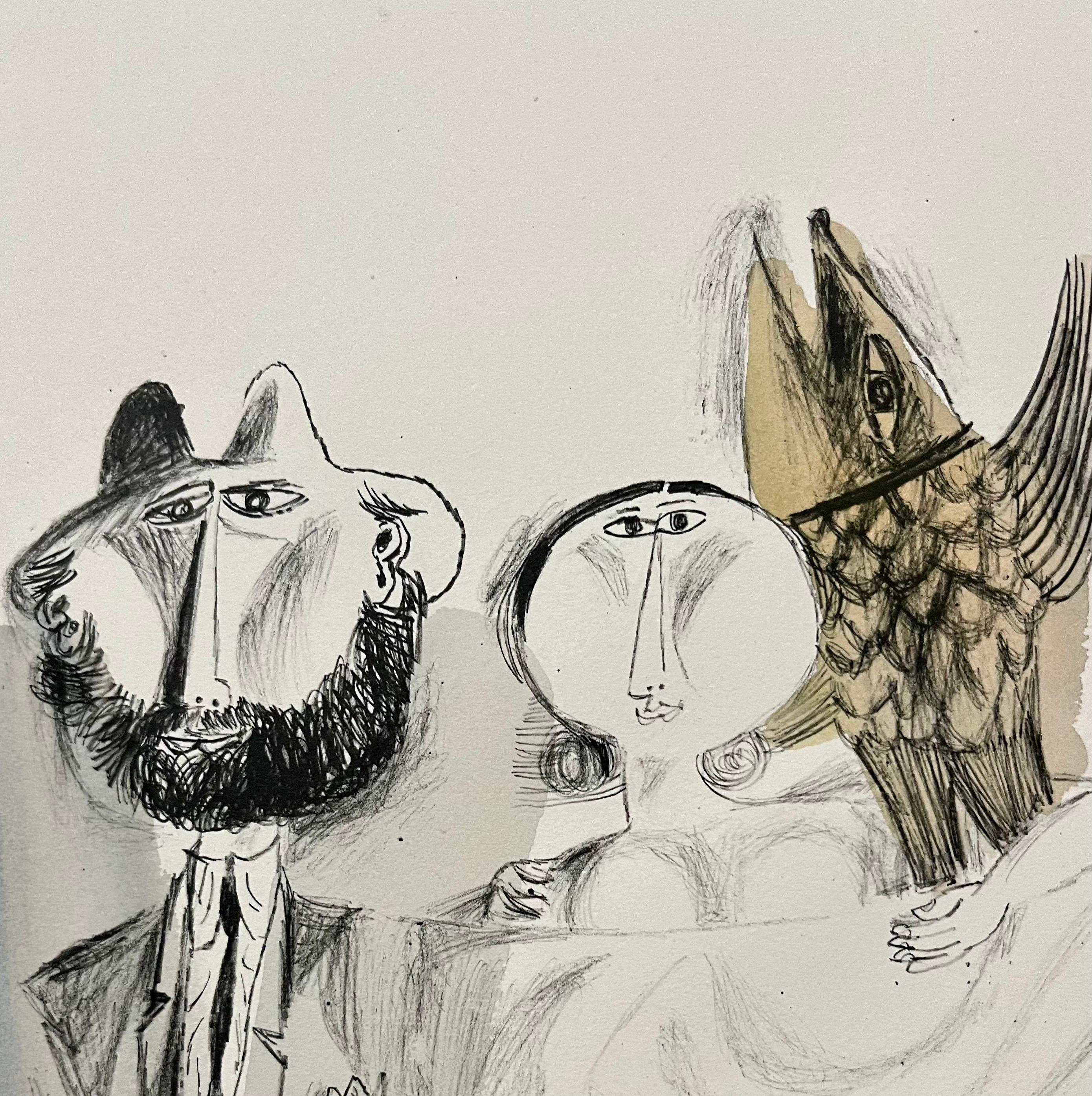 Rare Israeli Modernist Judaica Watercolor Painting on Lithograph Naftali Bezem For Sale 2