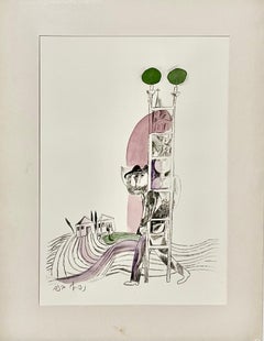 Seltenes israelisches modernistisches Judaica Aquarell auf Lithographie Naftali Bezem