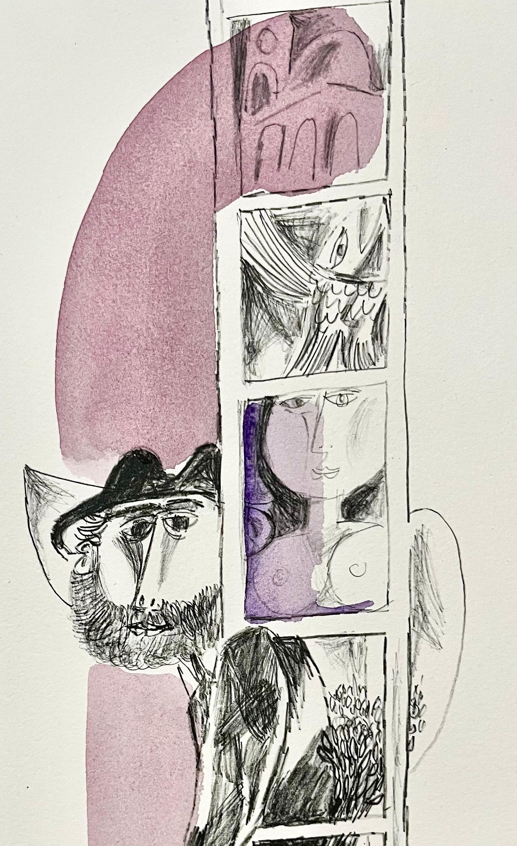 Rare Israeli Modernist Judaica Watercolor Painting on Lithograph Naftali Bezem For Sale 2