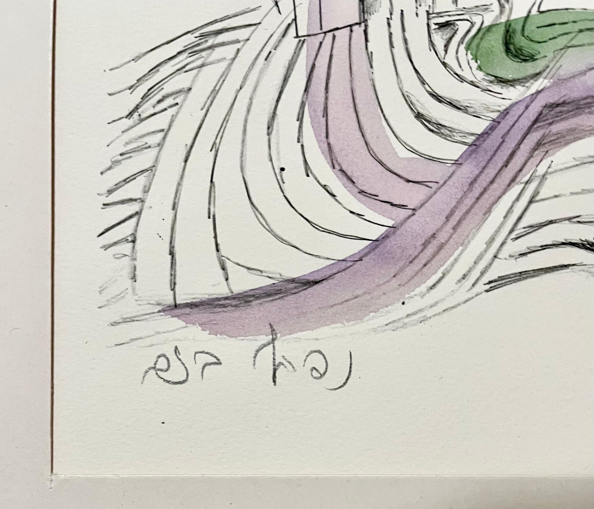 Rare Israeli Modernist Judaica Watercolor Painting on Lithograph Naftali Bezem For Sale 3