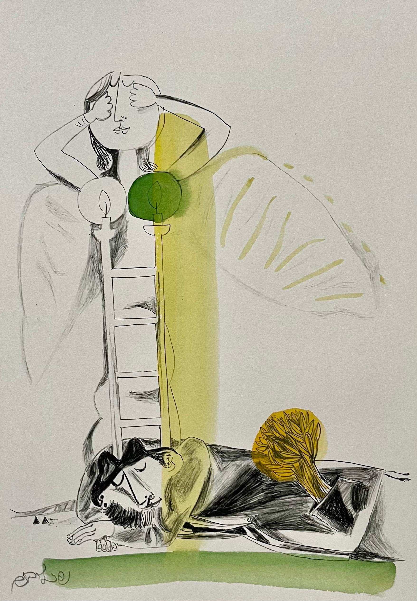 Rara pintura judaica modernista israelí en acuarela sobre litografía Naftali Bezem