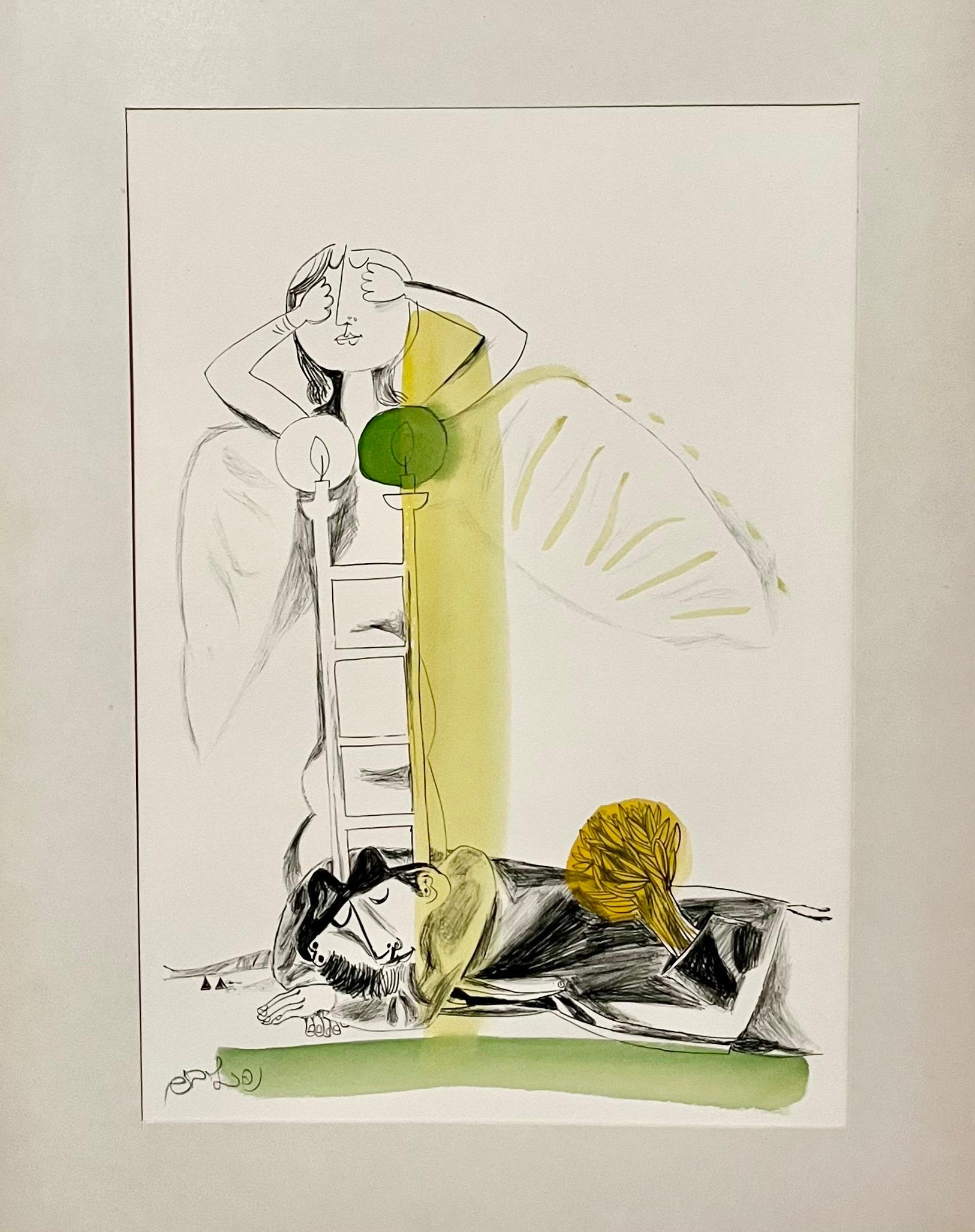 Rare aquarelle juive moderniste israélienne sur lithographie Naftali Bezem en vente 1