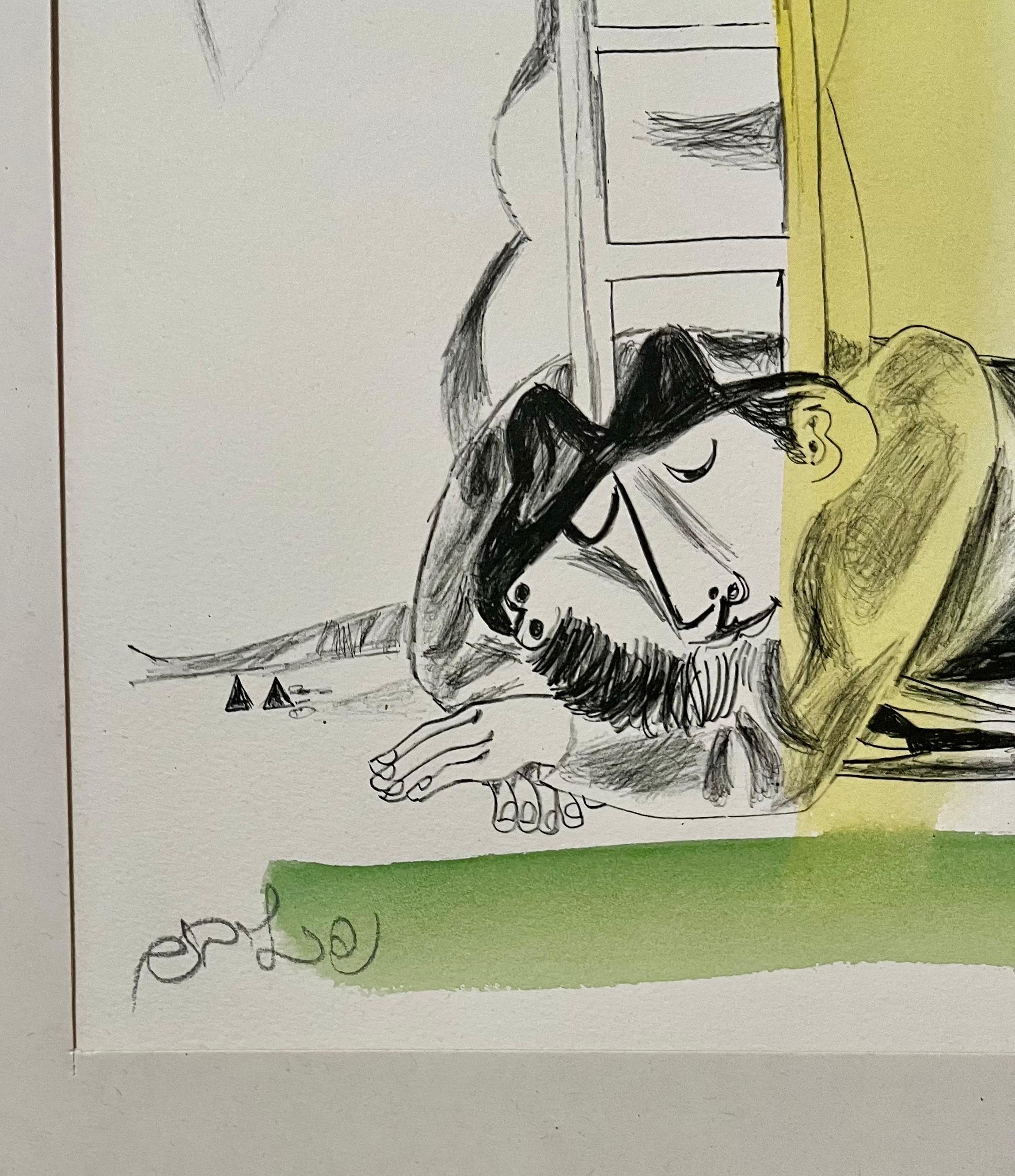 Rare aquarelle juive moderniste israélienne sur lithographie Naftali Bezem en vente 3